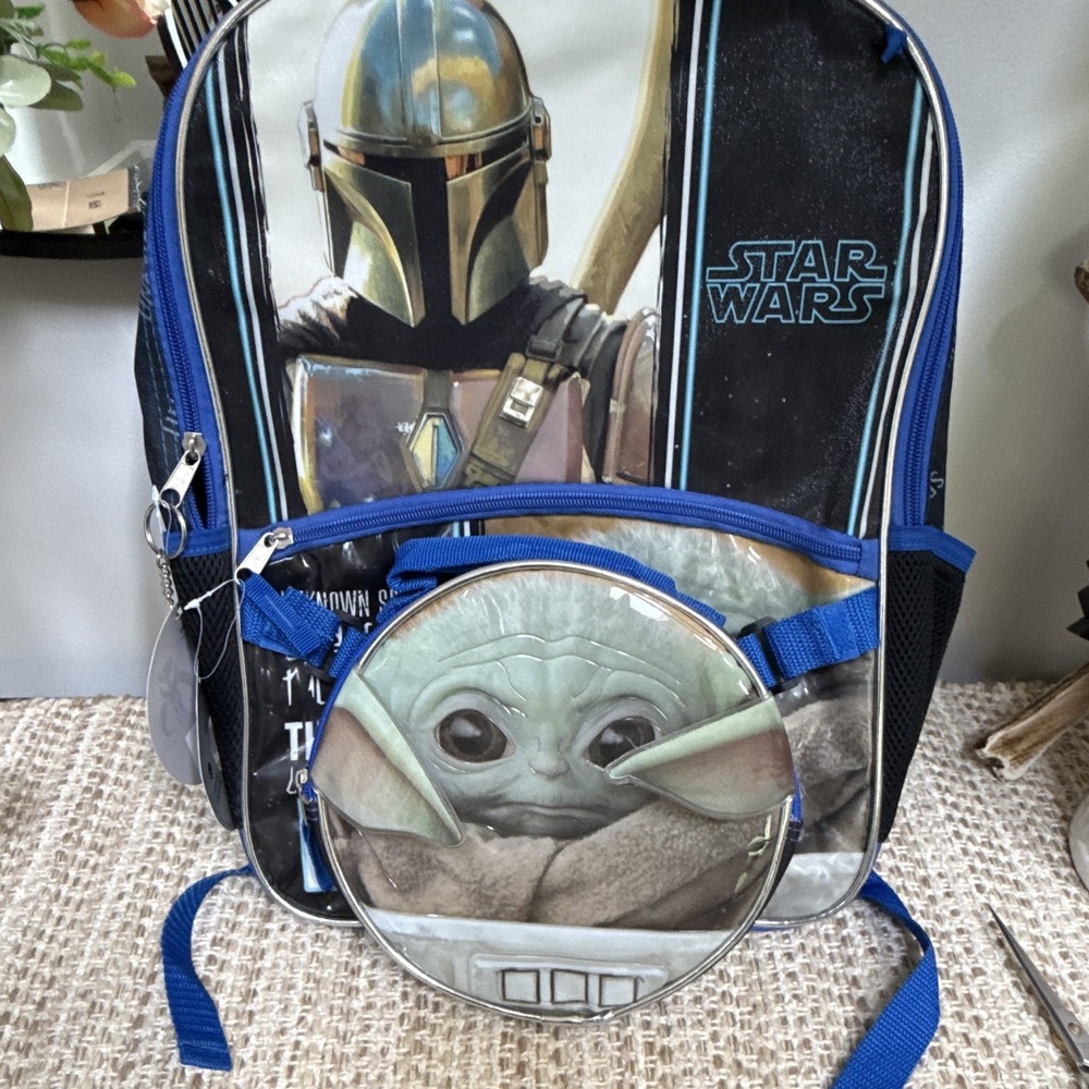Star Wars Mandalorian & The Child Large Backpack Black/Blue Zip‎ Padded Pocket